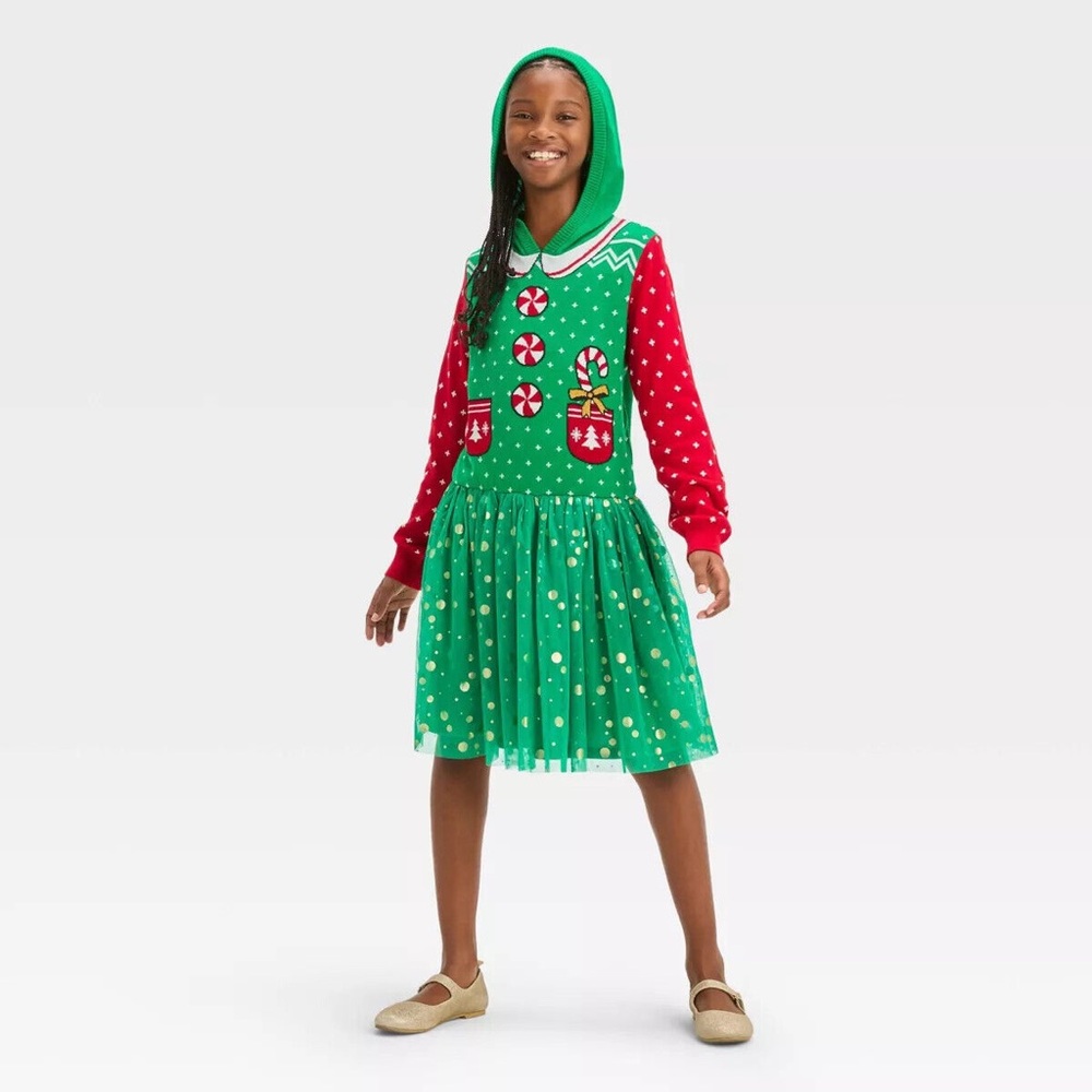 NWT Well Worn brand Hooded Elf Sweater Dress girls size large